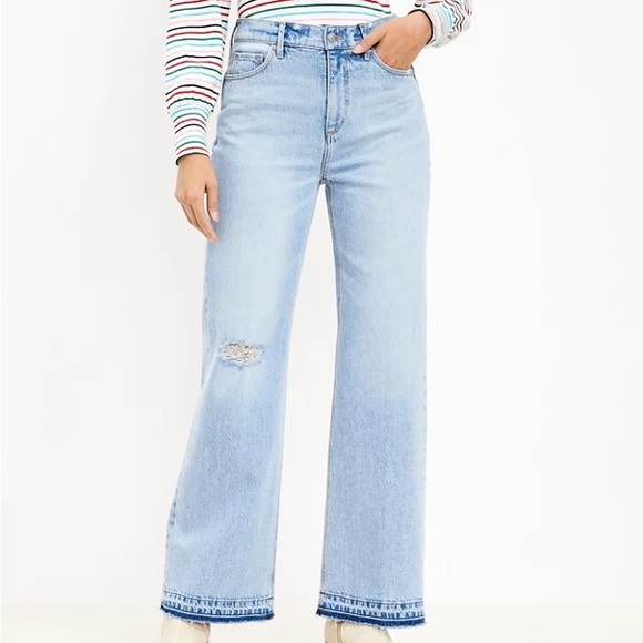 LOFT Unpicked Hem High Rise Wide Leg Jeans in Authentic Light Indigo Wash - Picture 1 of 4